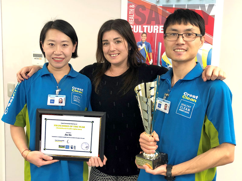 Joanne He and Terry Zhang with CrestClean’s Christchurch South Regional Manager Gina Holland.