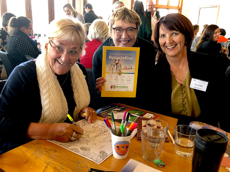Linda Vane and Sue Cattell, from Milford School, with CrestClean’s Caroline Wedding.