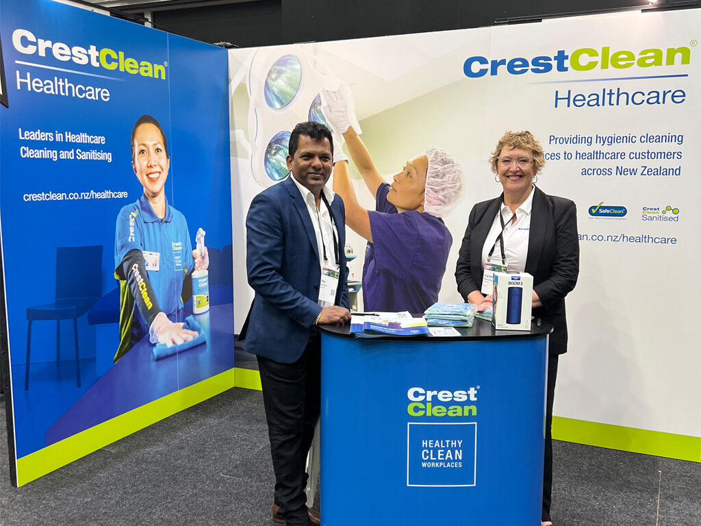 CrestClean Regional Master Franchisees Viky Narayan (Auckland South) and Caro Wedding (Auckland West) ready to welcome delegates to the CrestClean stand