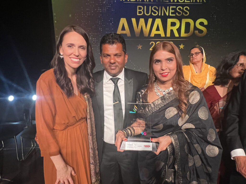 Prime Minister Jacinda Ardern with Viky and Nileshna Narayan.