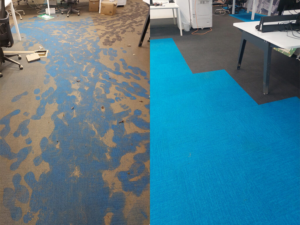 Before and after comparison of office carpet showing heavy dirt and stains cleaned to a bright, fresh finish.