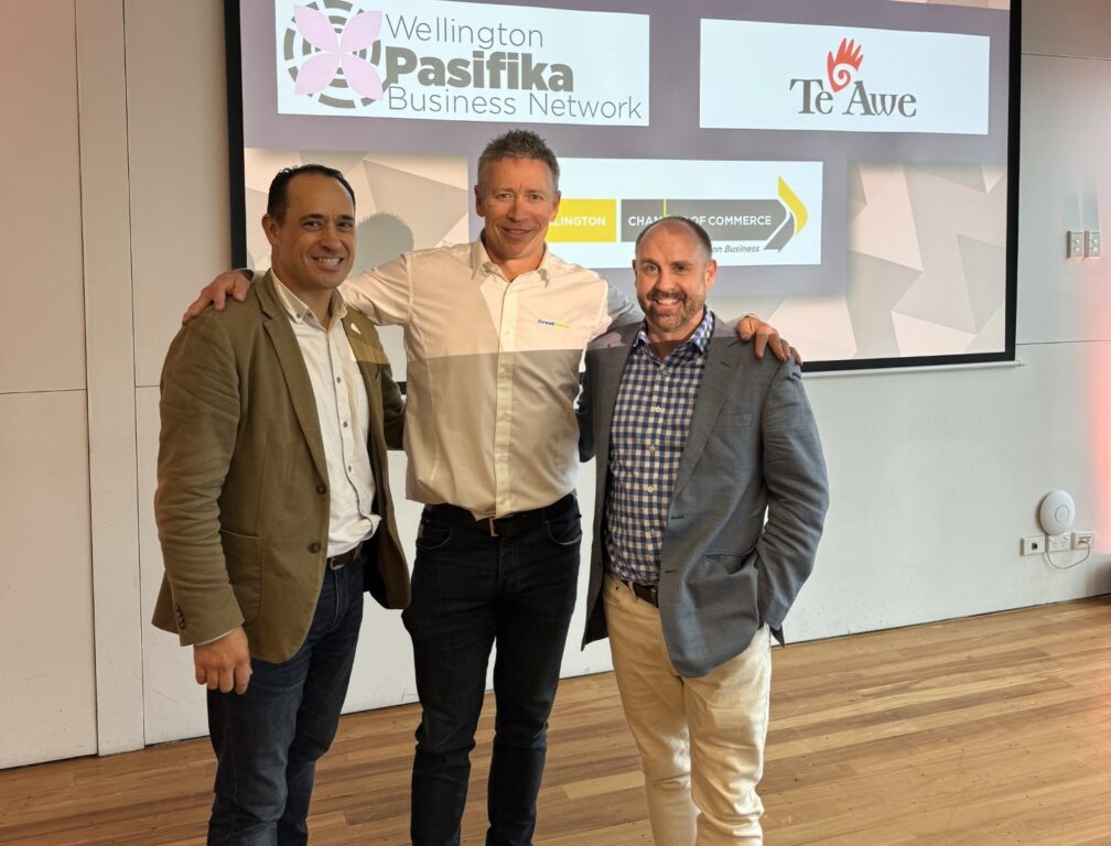 Adrian Cashmore attends business lunch with Te Awe Chair, Te Rau Kupenga, and Wellington Chamber of Commerce Chief Executive, Simon Arcus.