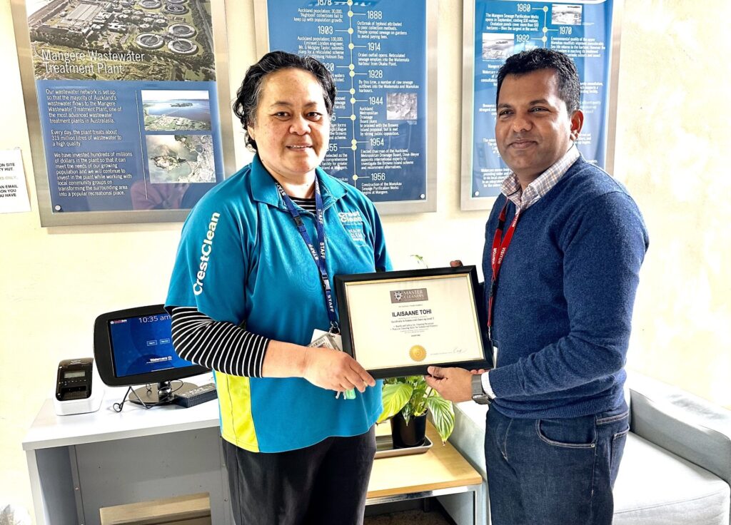 Viky Narayan presents Saane Tohi with her Certificate in Commercial Cleaning Level Two