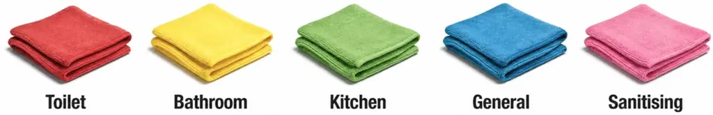 Row of 5 colour-coded microfibre commercial cleaning cloths